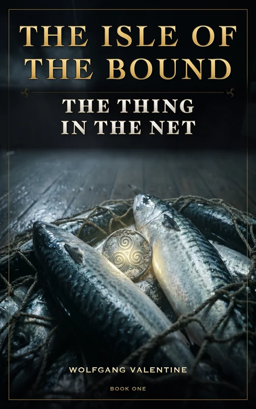 Cover of The Thing in the Net: a small cold-silver relic glowing faintly, half-buried in a herring net at night.